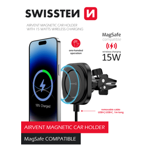 Magnetický držák do auta Swissten Magstick Compact s bezdrátovým nabíjením 15W (kompatibilní s magsafe)