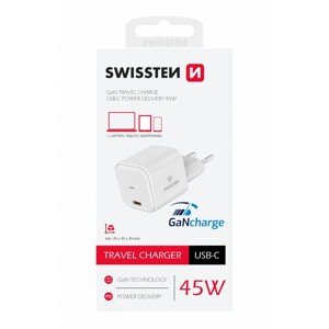 Cestovní adaptér Swissten Gan 1x  USB-C s funkcí rychlonabíjení 45W bílý