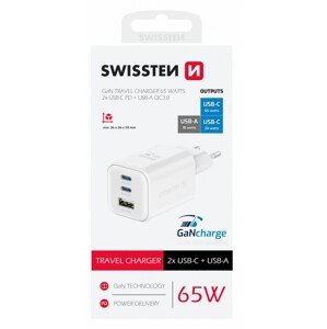 Adaptér Swissten s funkcí rychlonabíjení 1x USB-A, 2X USB-C 65W bílý