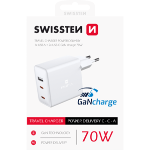 Swissten síťový adaptér gan 2x usb-c + 1xusb 70w