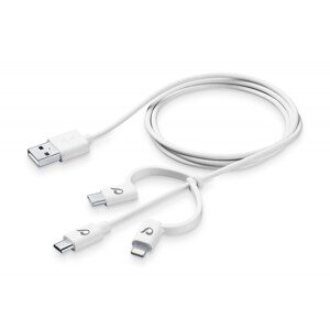 USB kabel CellularLine se třemi adaptéry Lightning + Micro USB + USB-C, bílý