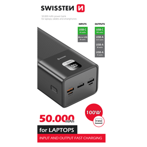 Powerbanka Swissten 50000 mAh 100W s funkcí rychlonabíjení černá